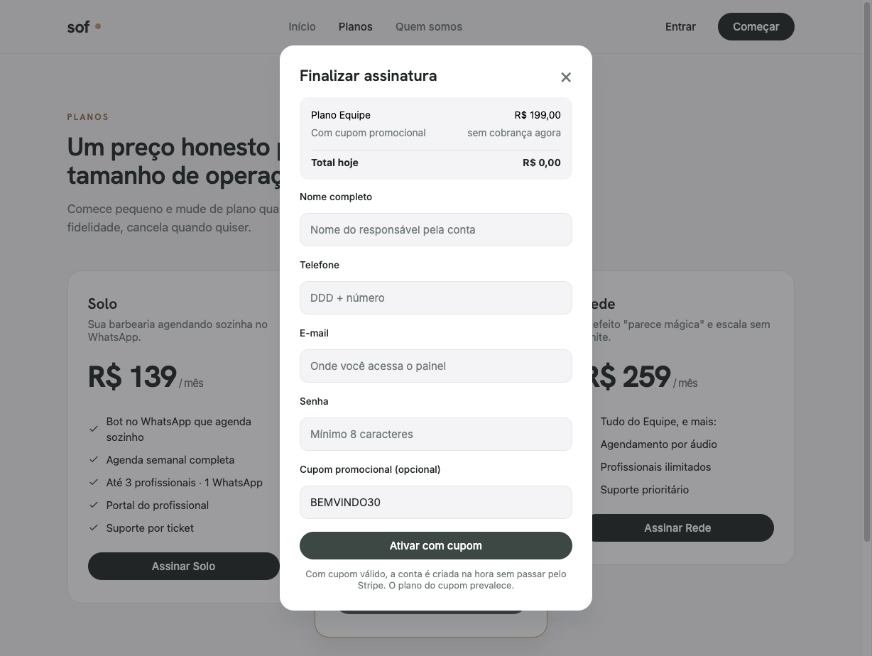 Checkout com cupom — Ativar com cupom