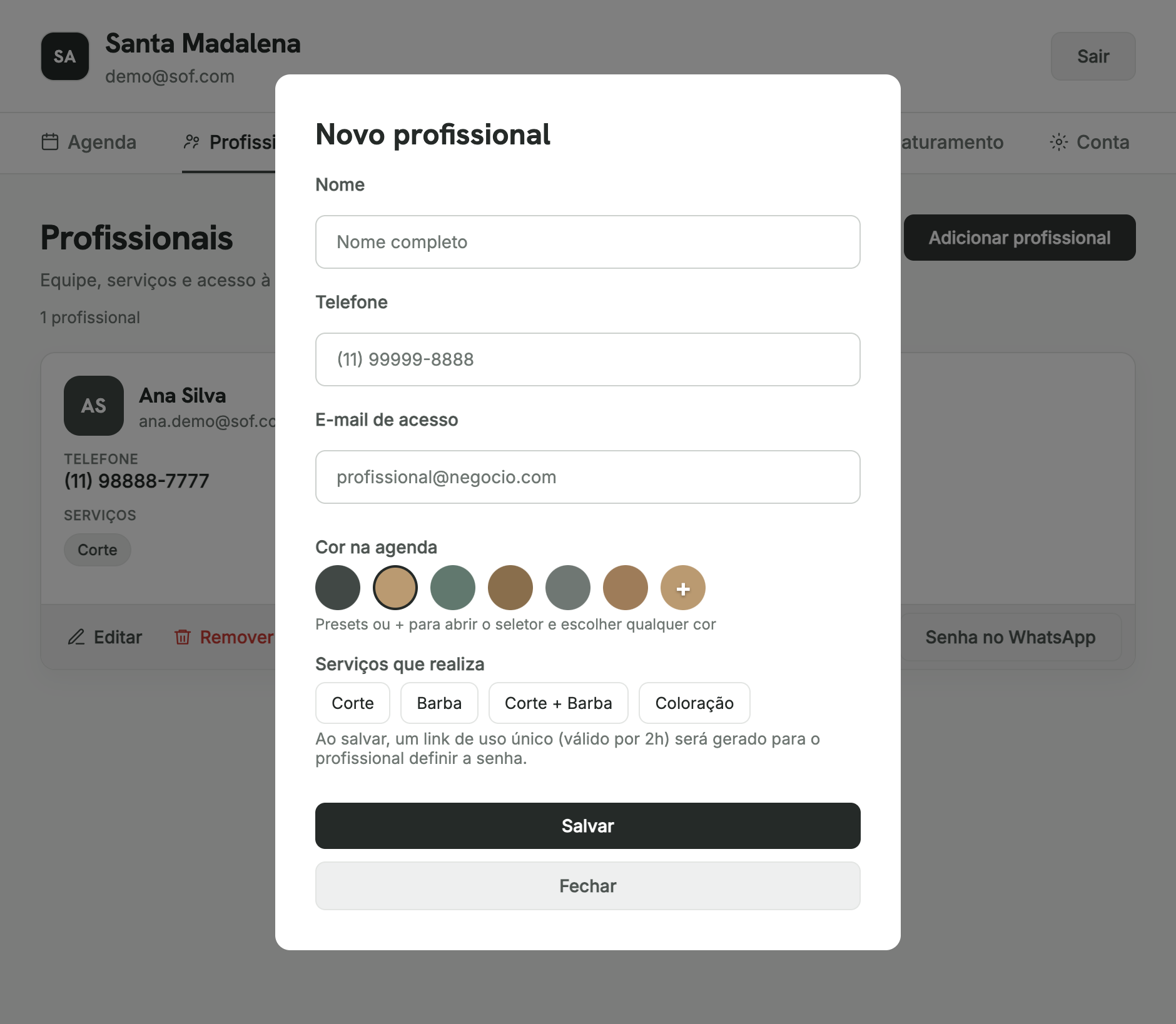 Modal Novo profissional