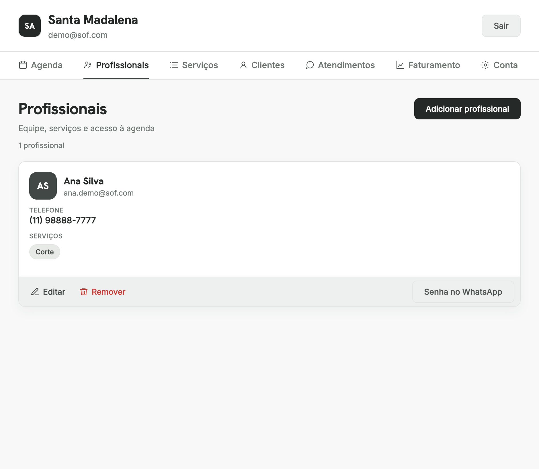 Lista de profissionais