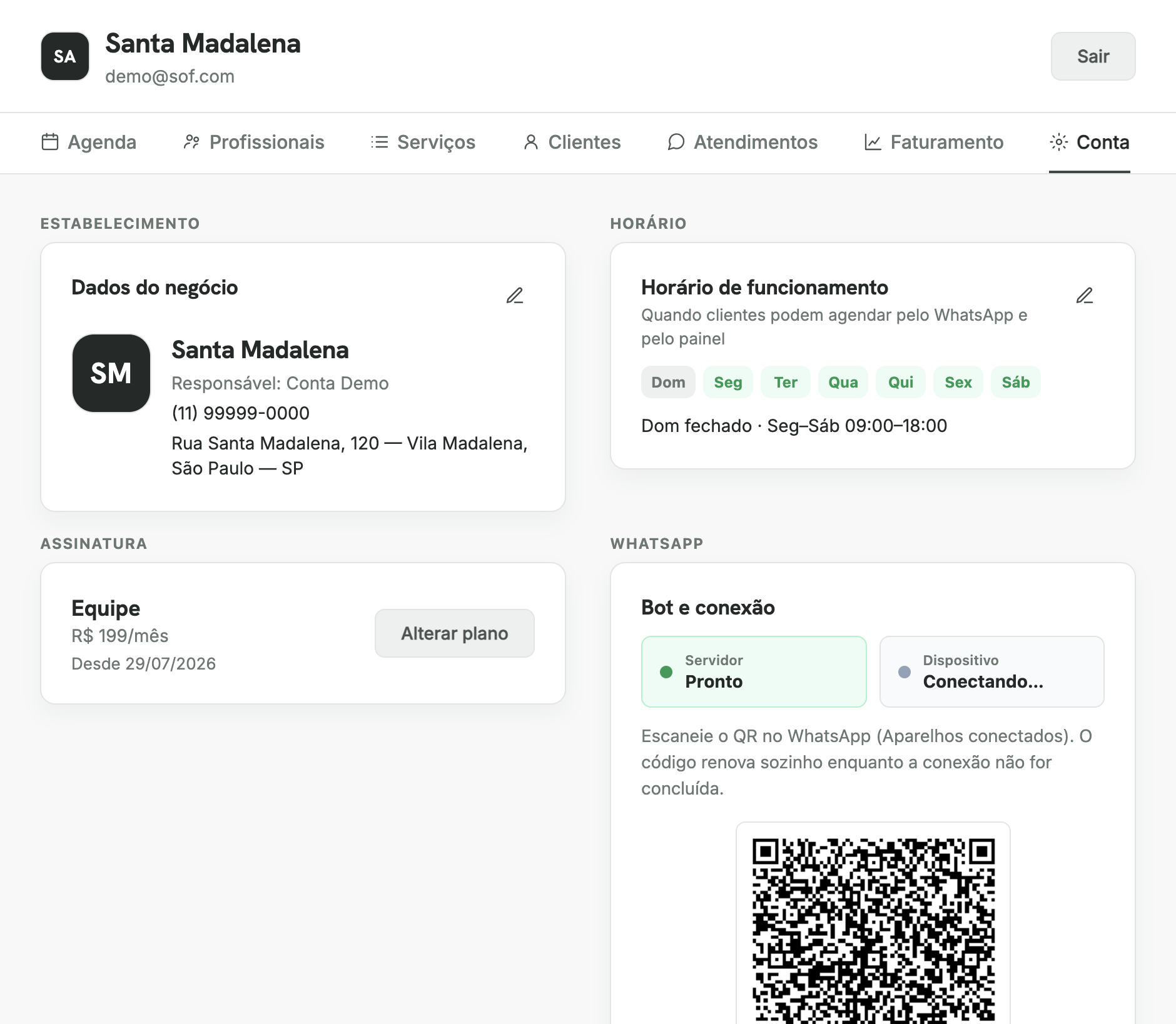 Conta — grade com estabelecimento, horário, plano e WhatsApp